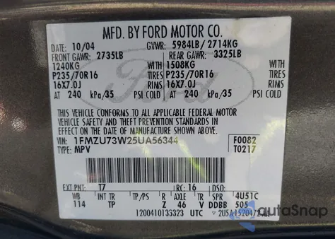 2005 Ford Explorer Xlt/Xlt Sport/Nbx из США, поврежденный, VIN 1FMZU73W25UA56344